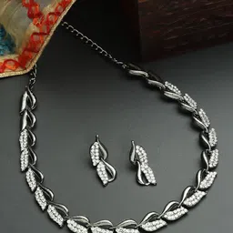 ZENEME Black Toned Silver Plated Oxidised Studded Jewellery  Set-43