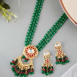 DASTOOR Designer Gold-Plated Kundan Stone-Studded & Crystal Pearl Beaded Jewellery Set-55