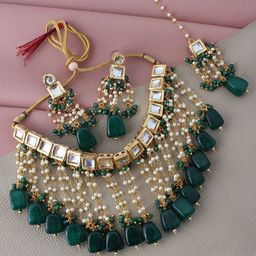 LUCKY JEWELLERY 18k Gold Plated Green Kundan-Studded & Beaded Jewellery Set-16