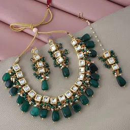 LUCKY JEWELLERY Gold-Plated Green Kundan-Studded & Beaded Jewellery Set-17
