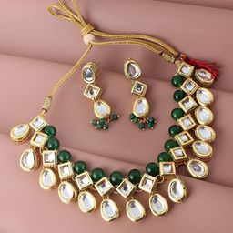 LUCKY JEWELLERY Gold-Plated Green Kundan-Studded Jewellery Set-6