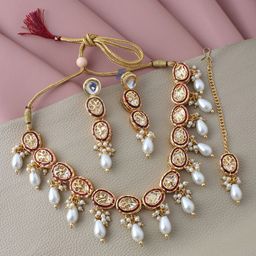 LUCKY JEWELLERY Gold Plated White Kundan Studded Jewellery Set-54