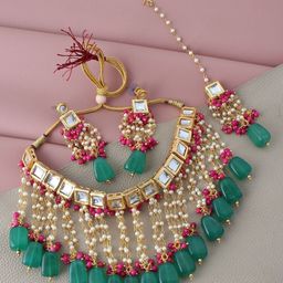 LUCKY JEWELLERY Gold-Plated Magenta-Green Kundan Studded Jewellery Set-image-75