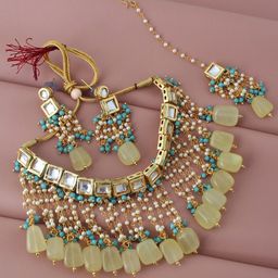 LUCKY JEWELLERY Gold Plated Firozi-Yellow Kundan Studded Jewellery Set-55