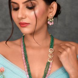 DASTOOR Women Green & Pink Gold-Plated Kundan Necklace and Earrings-3