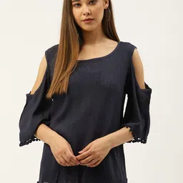 An Episode Women Navy Blue Solid Cold-Shoulder Top with Pom-Pom Detail-image-62