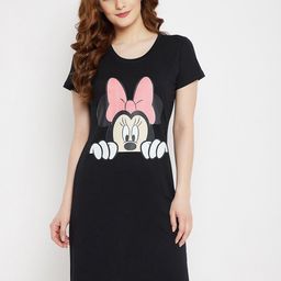 Disney by Wear Your Mind Women Black & Pink Minnie Mouse Printed Pure Cotton Sleep Shirt-image-52
