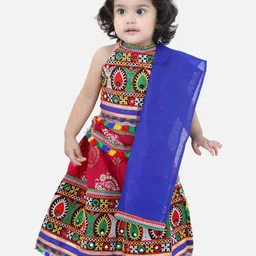 BownBee Girls Red & Navy Blue Embroidered Ready to Wear Lehenga & Blouse With Dupatta-24
