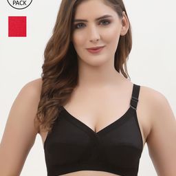 Floret Pack of 2 Black & Red Non Wired Full Coverage Non Padded Cotton Everyday Bra-0