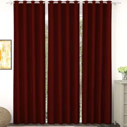 Story@Home Faux Silk Solid Solid 300GSM Maroon Room Darkening Blackout Long Door Curtain - Set Of 3-44