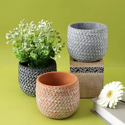 TAYHAA Black & Grey 3 Pieces Textured Ceramic Planters-44