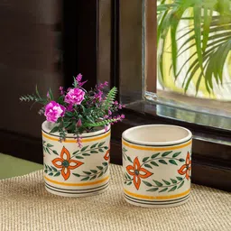 ExclusiveLane Set Of 2 Ethnic Lily Printed Ceramic Table Planters-33