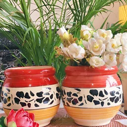 NIYARA Red & Yellow 2 Pieces Mughal Printed Ceramic Planters image 2