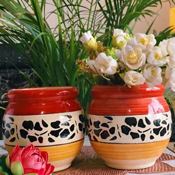 NIYARA Red & Yellow 2 Pieces Mughal Printed Ceramic Planters image 3