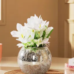 BS AMOR White & Green Artificial Lilly Flower With Glass Vase-67