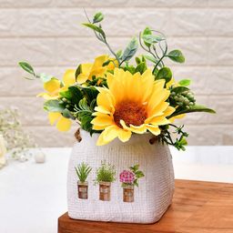 TAYHAA Yellow & Green Printed Sunflower Artificial Flower With Pot-29
