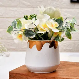 TAYHAA White & Green Printed Freesia Artificial Flower With Pot-11