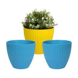 Kuber Industries Blue & Yellow 3 Pieces Textured Planters-21