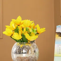 BS AMOR Yellow & Green Artificial Lilly Flowers With Glass Vase-66