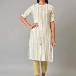 AURELIA Striped Band Collar Roll Up Sleeves Straight Kurta-58