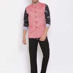 Hangup Men Printed Linen Kurta with Trousers & Nehru Jacket-12