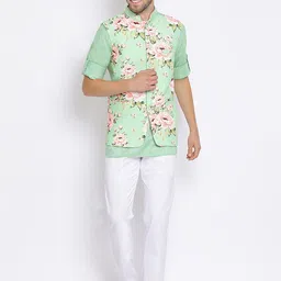 Hangup Men Mandarin Collar Rolled Up Sleeves Kurta With Pyjama And Printed Nehru Jacket-20