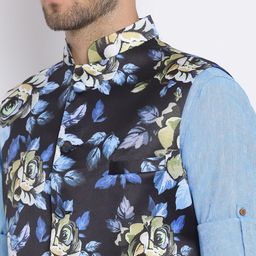 Hangup Men Blue Printed Kurta with Pyjamas & Nehru Jacket Set image 3