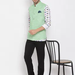 Hangup Men Printed Linen Kurta with Trousers & Nehru Jacket image 2