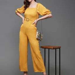 DressBerry Mustard Yellow Puff Sleeves Basic Jumpsuit-picture-41