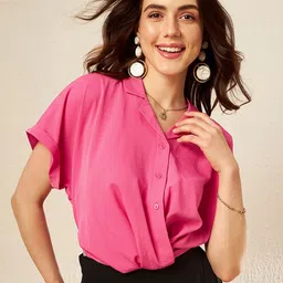 KASSUALLY Pink Twisted Shirt Style Crop Top-image-65