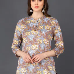 KALINI Floral Printed Mandarin Collar Top-image-95
