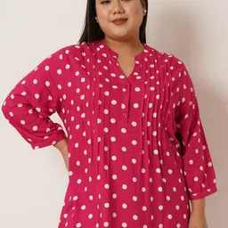 IX IMPRESSION Plus Size Polka Dot Printed Mandarin Collar Pleated Top-picture-11