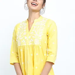 Vishudh Women Yellow & White Floral Print Mandarin Collar Cotton Top-image-85