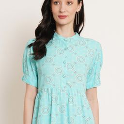 U&F Turquoise Blue Ethnic Motifs Printed Band Collar Puff Sleeves Pleated A-Line Top-image-32