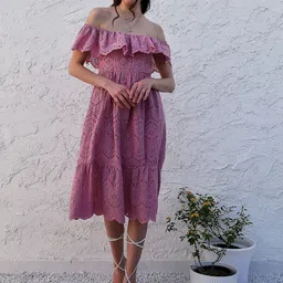 Athena Pink Self Design Off-Shoulder Flutter Sleeves Schiffli Cotton Fit and Flare Dress-image-76