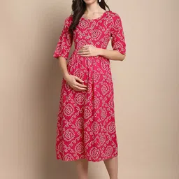KALINI Bandhani Printed Maternity Fit & Flare Midi Dress-image-25