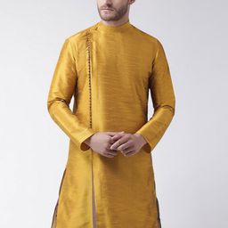 DEYANN Men Yellow & Brown Angrakha Dupion Silk Kurta with Dhoti Pants-picture-9