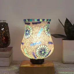 Devansh White & Blue Mosaic Design Square Shaped Wooden Table Lamp With Glass Shade-34
