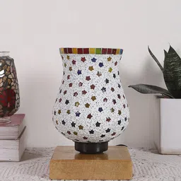 Devansh White & Yellow Mosaic Design Square Shaped Wooden Table Lamp With Glass Shade-34