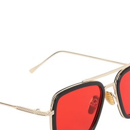 GARTH Unisex Red Lens & Gold-Toned Rectangle Sunglasses with UV Protected Lens image 3