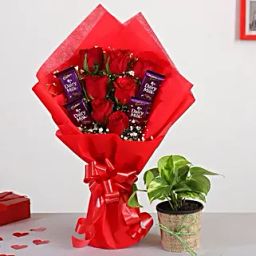 Red Roses Bouquet With Money Plant Chocolates-22