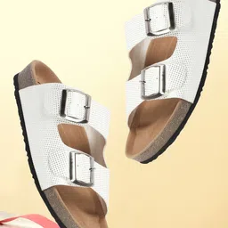 DressBerry Women Textured Buckle Detailed Open Toe Flats-2