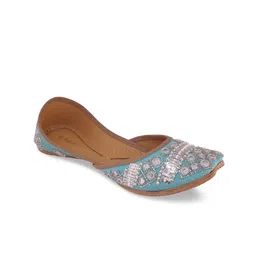 Fulkari Women Turquoise Blue & Silver-Toned Embellished Leather Mojaris-image-57