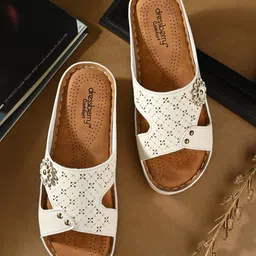 DressBerry Cream-Coloured Laser Cut Embellished Open Toe Flats-10