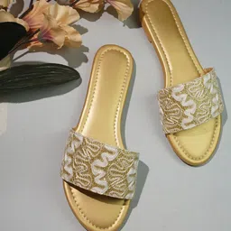 Anouk Women Gold-Toned Woven Design Fabric Open Toe Flats-image-33