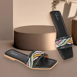 Shoestail Embroidered Open Toe Flats-image-24