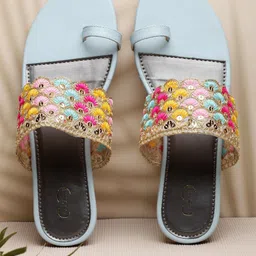 PANAHI Women Turquoise Blue Embellished Ethnic One Toe Flats-picture-43