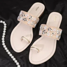 Anouk Cream-Coloured Embellished Ethnic One Toe Flats-20