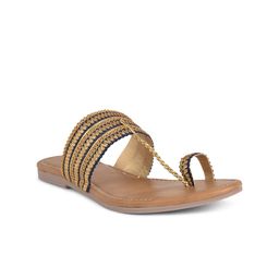 SALARIO Women Gold-Toned & Navy Blue Striped One Toe Flats-image-39