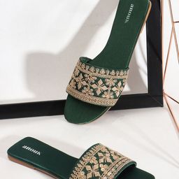 Anouk Green Embellished Open Toe Flats-41